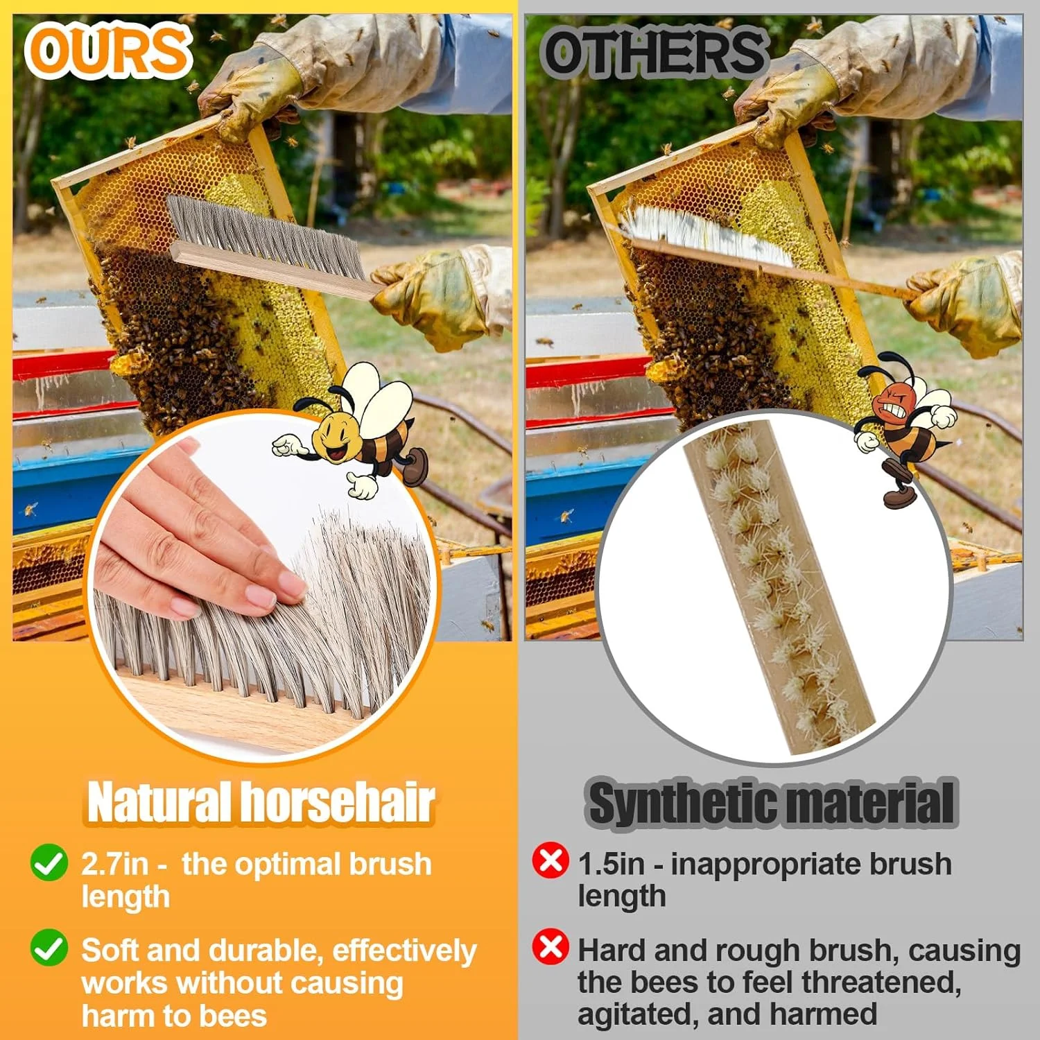أداة خلية النحل لتربية النحل - خطاف J من الفولاذ المقاوم للصدأ وفرشاة نحل من شعر الخيل الطبيعي، وفرشاة خلية النحل لرفع إطار النحل و