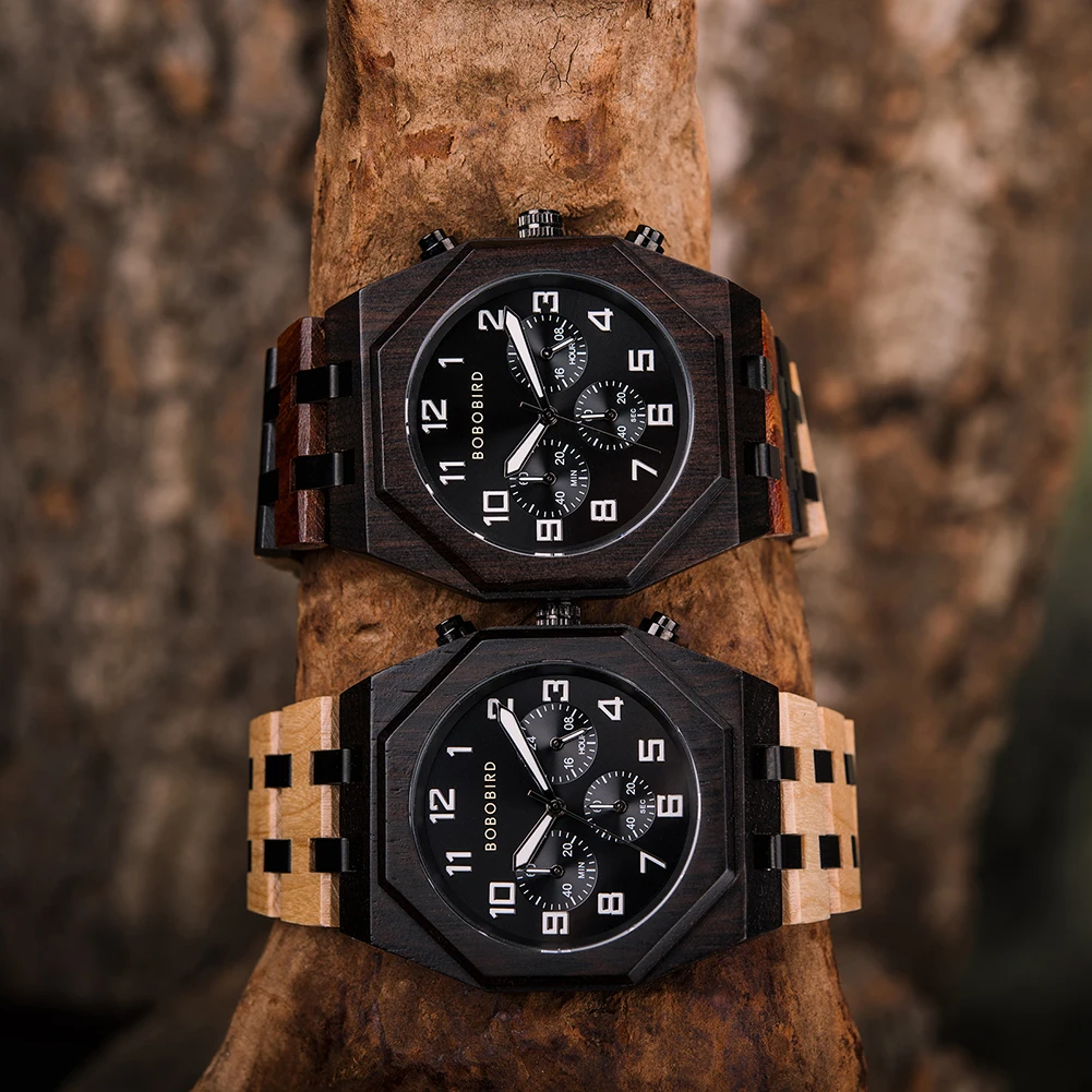 Wood Watch Men's Luxury Quartz Wristwatch BOBO BIRD New Japanese Movement Chronograph Military Timepieces Custom Birthday Gifts