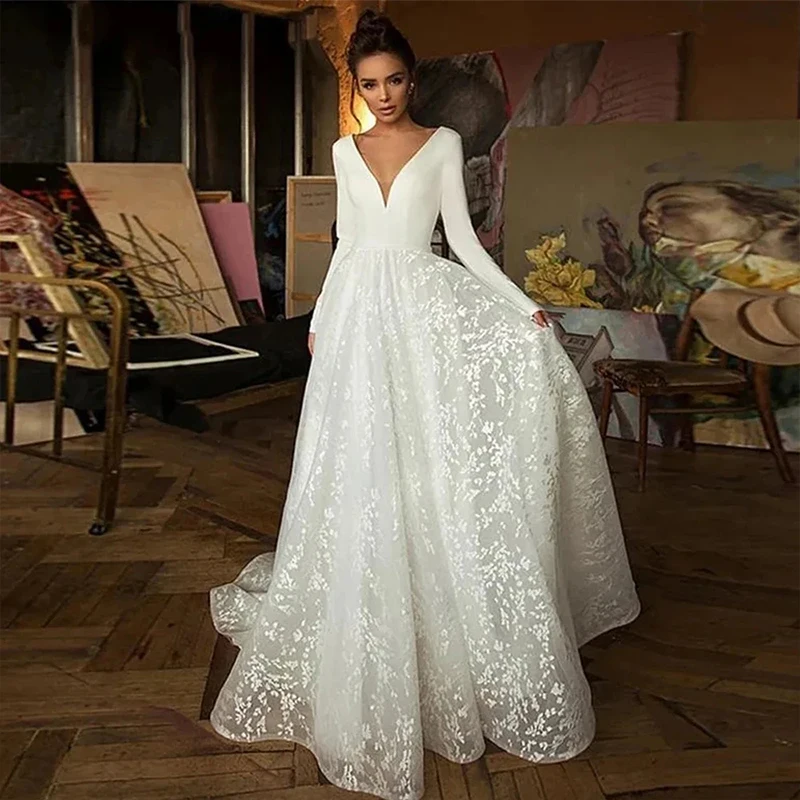 

Modest Minimalist Wedding Dresses Elegant Deep V Neck Bride Gown Open Back Floral Tulle Custom-Made Robe De Mariée
