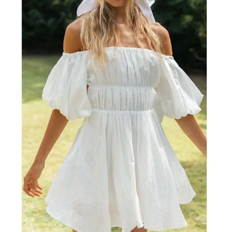 

Fashion Womens Mini Dress Summer 2024 Half Sleeve Slash Neck Sundress High Waist A-Line Dress Sexy Lady Streetwear Style L096