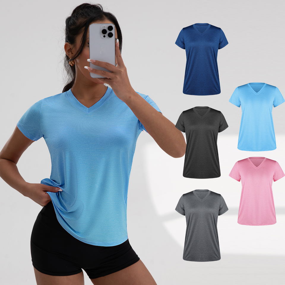 Women V Neck Running Sports T Shirt Summer Short Sleeve Breathable Stretchy Gym Yoga Slim Fitness Active Top