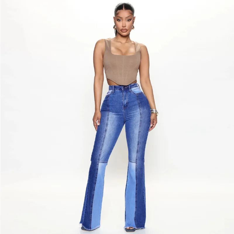 Fall Women'S Denim Stretch Street Micro-Trumpet Pants Washed Fashion High Waist Bodycon Two-Color Patchwork Jeans Flare Pants vintage elastic pocket high street jeans full length zipper fly fashion mid waist lace up micro flare denim pants coffee trouser