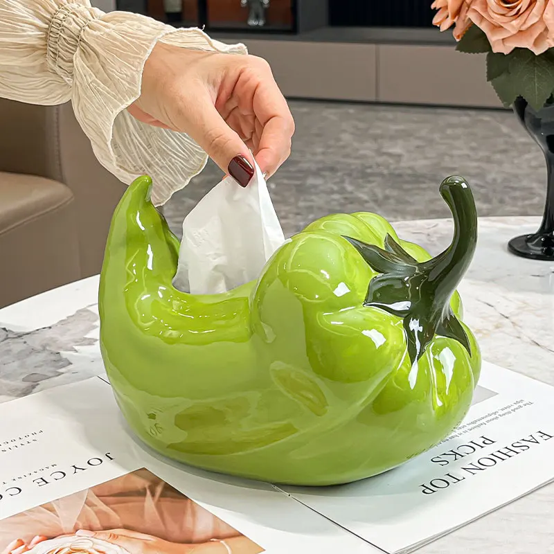 Creative Ceramic Cute Green Red Chili Peppers Shaped Tissue Box Light Luxury Napkin Box Home Living Room Bedroom Decoration, 1Pc