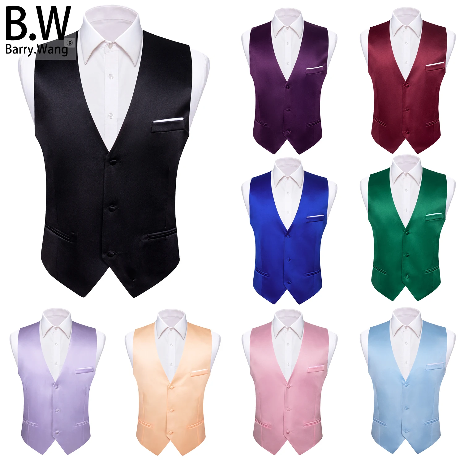 

Barry.Wang Desinger Silk Men Vest Jacquard Solid Plain 3 Buttons Casual Waistcoat Sleeveless Jacket Male Wedding Business Party
