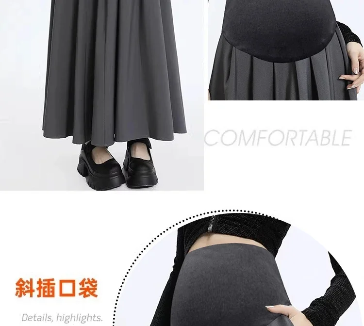 Hohe Qualität Frühjahr Neue Anzug Vorne und Hinten Plissee Schwangere frauen Langen Rock Taschen Bauch Stretching Mutterschaft Langen Rock – Detail 13