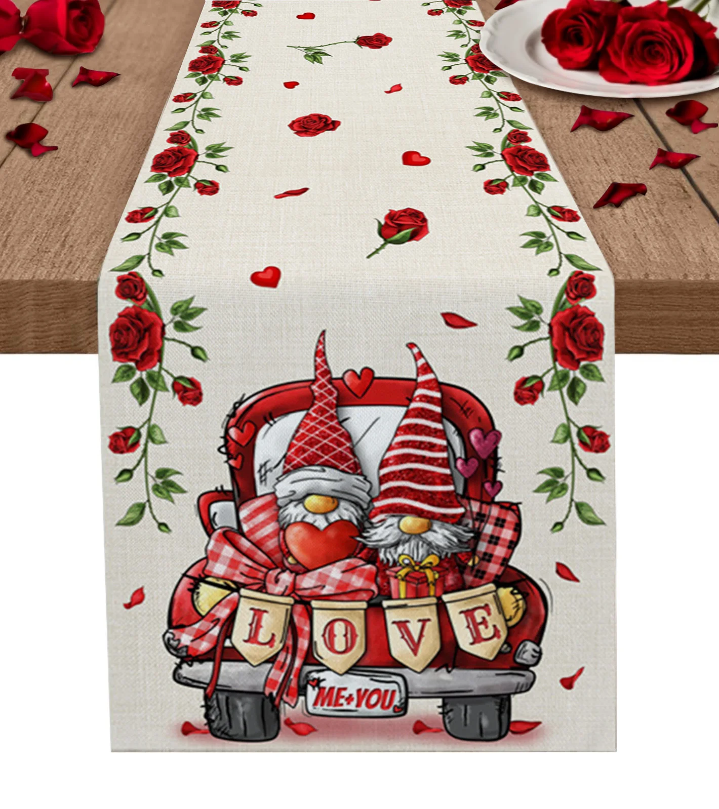 

Valentine'S Day Love Dwarf Rose Truck Linen Table Runner Kitchen Table Decoration Dining Tablecloth Wedding Party Decor