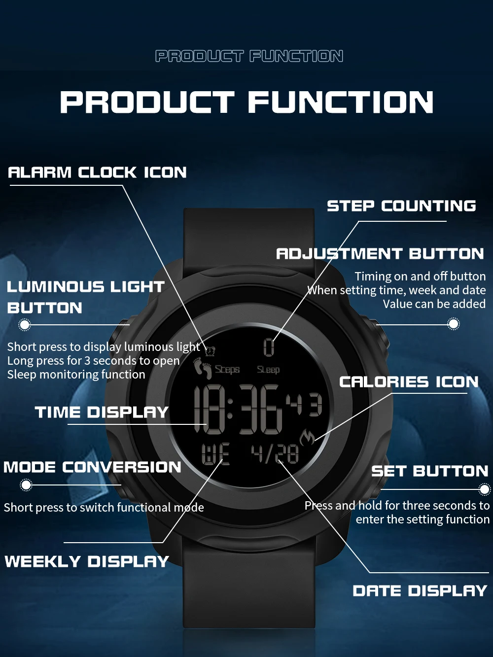 SANDA New Step Calories Fashion Alarm Clock Men's Watch Men's Waterproof Shockproof Sleep Monitoring Smart Wristwatch 6121