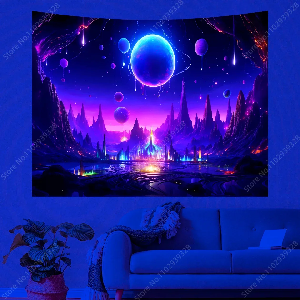 

Space UV Reactive Tapestry Trippy Planet Galaxy Mountain Landscape Tapestrys Neon Wall Hanging For Party Decor Bedroom Aesthetic
