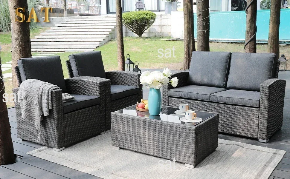 JOIVI 4 pieces patio wicker conversation set gray-A1