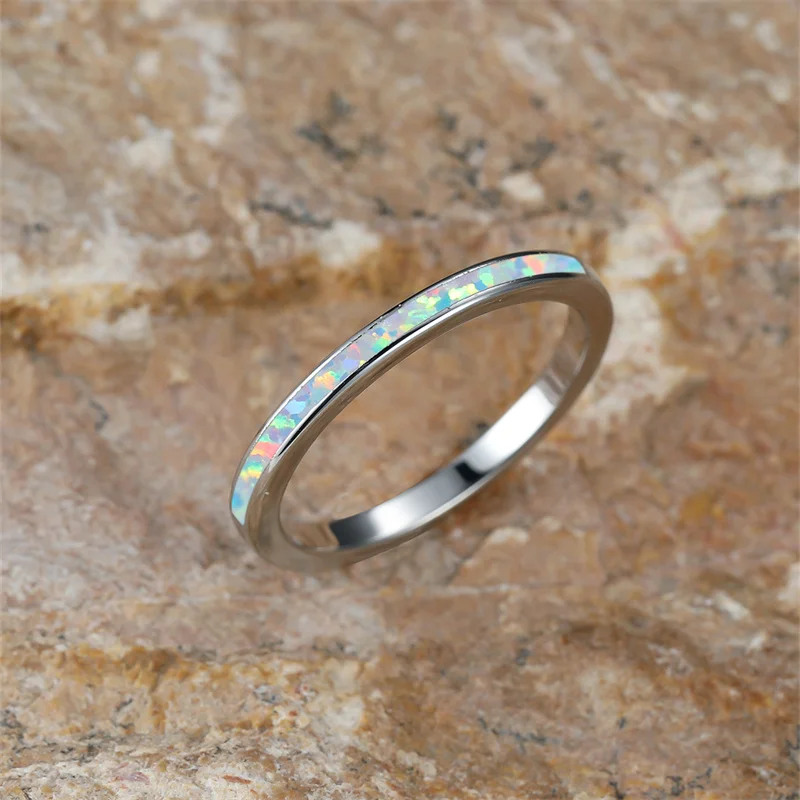 Female Charm White Fire Opal Stone Rings Silver Color Wedding Jewelry For Women Small Thin Round Engagement Ring