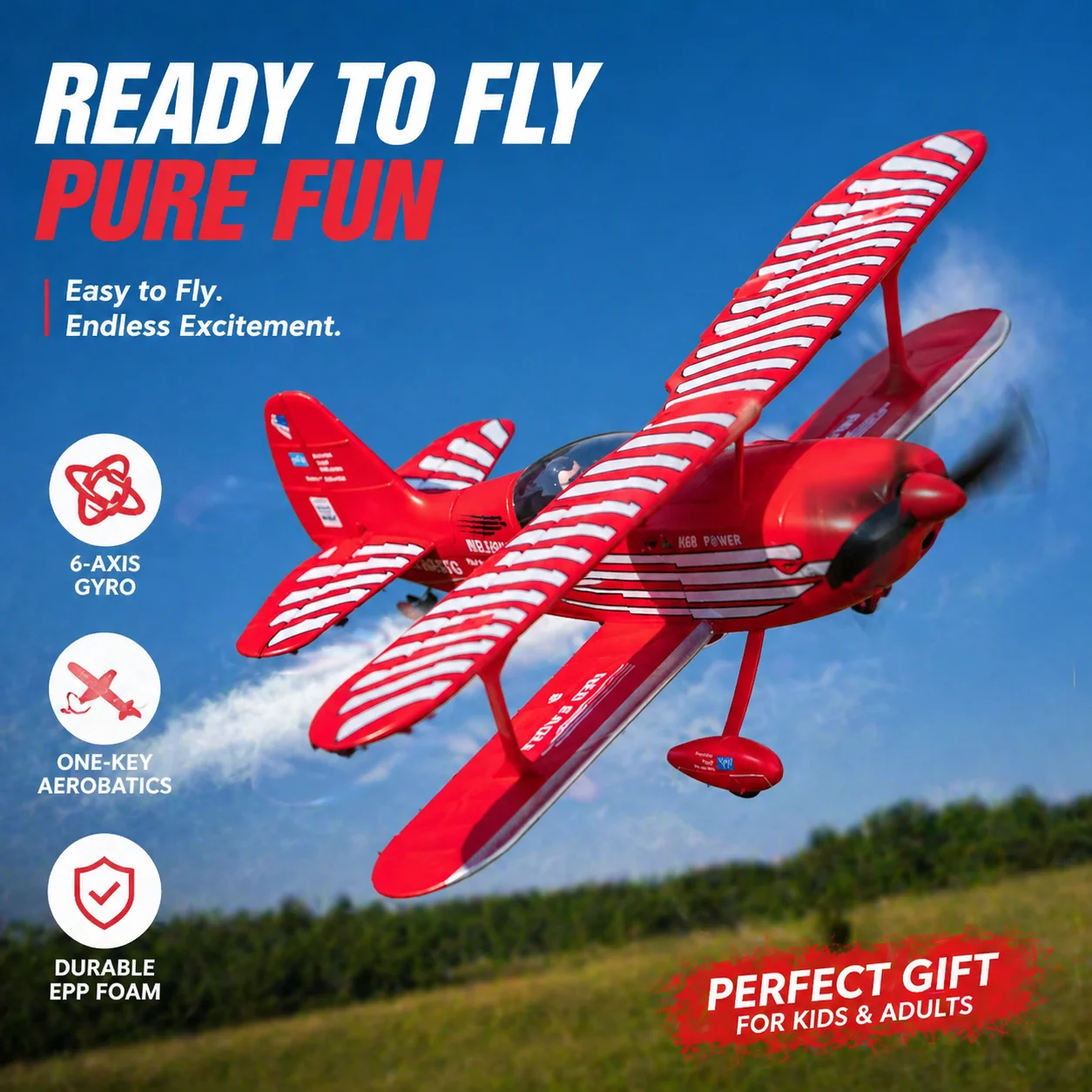 Avion RC Beech D17S Staggerwing en vol stationnaire, gyroscope 6 axes assurant la stabilité.