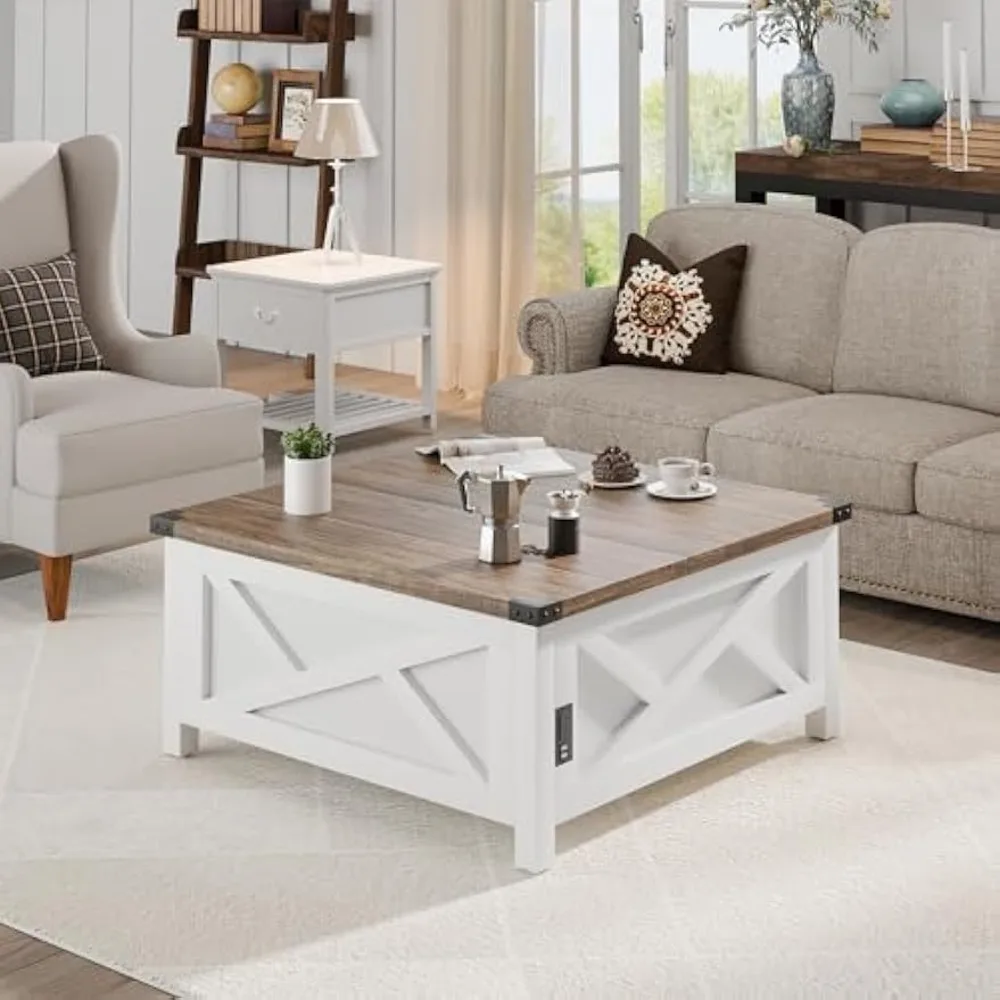 Lift Top Coffee Table, Square Coffee Table with Hidden Storage, Farmhouse Wood Table with Charging Station and Barn Door for Li 6
