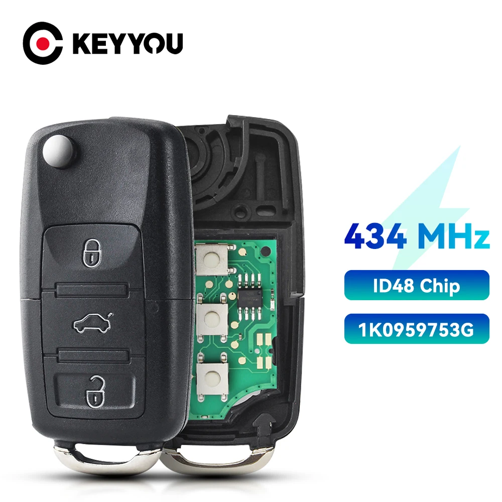 Автомобильный ключ KEYYOU ID48, дистанционный ключ 434 МГц для Volkswagen Golf Passat Polo Jetta Touran Bora Sharan 1K0 959 753 G 2004 - 2010
