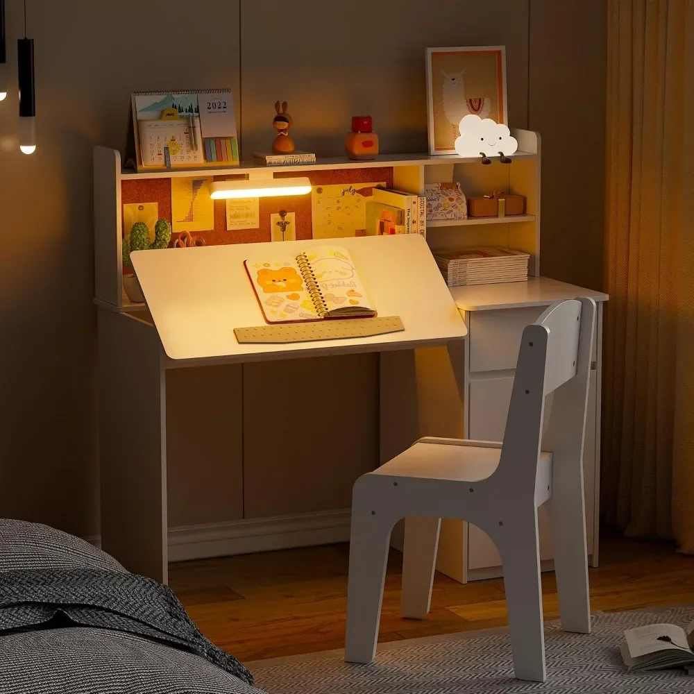 Kids Desk and Chair Set,Kids Study Desk with 3-Color Lights,Tiltable Desktop,Multi Functional Study Table for Kids 5-12 2