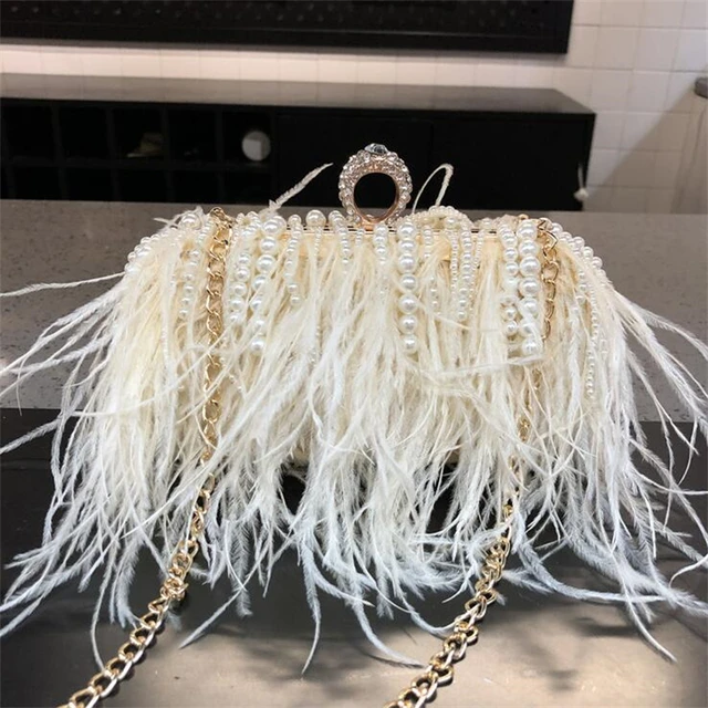 Sac à main en plumes d'autruche avec pompon perlé pour femme, sac à main en  peluche, pochette à anneau, sacs de fête de mariage, conception de sac à  main - AliExpress