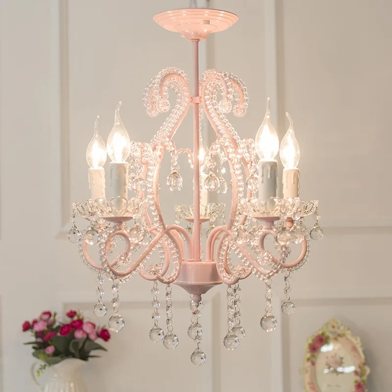 

Детская хрустальная люстра, свадебная лампа в европейском стиле, освещение для ресторана, американская, розовая, для принцессы, для комнаты, для девочек