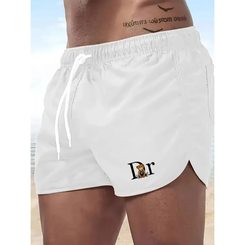 Men's Fashionable Beach Shorts DR Bear Print Quick Dry Surfing Drawstring Pouch Shorts