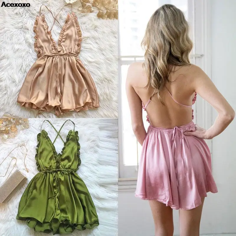 

Summer new women's fashion casual solid color sexy halter halter sleeveless halter deep V jumpsuit shorts