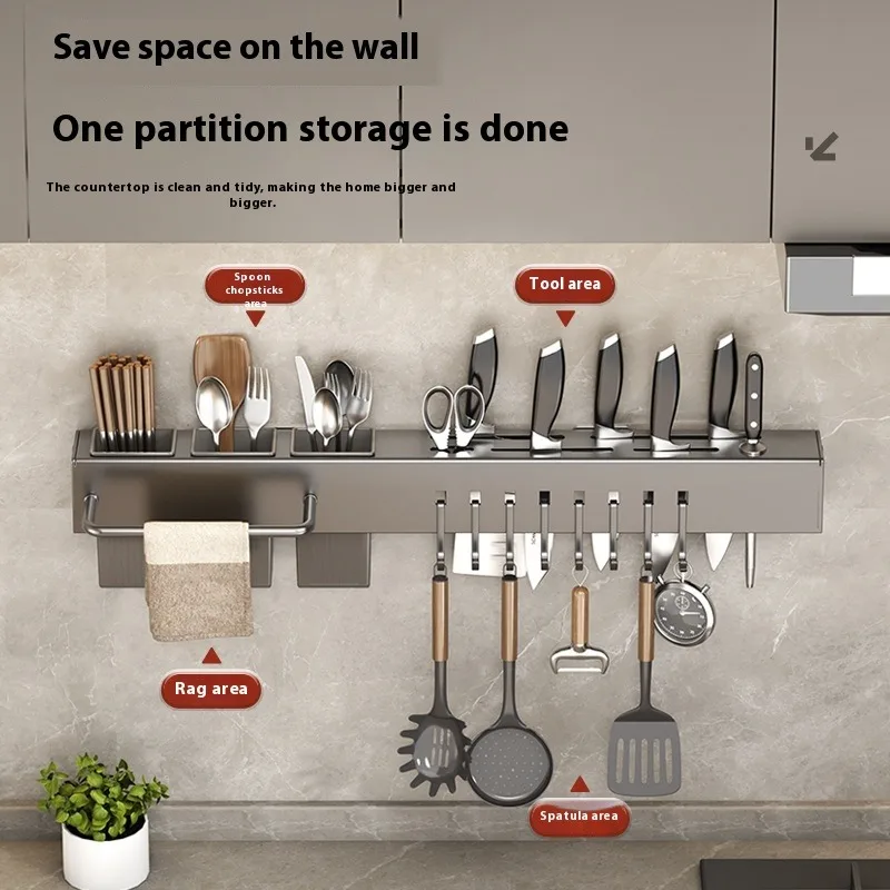 Household Organizer Rack 30/50cm Wall Mounted Knife Holder Kitchen Storage Shelving Units Tableware Shelf Towel Hanger