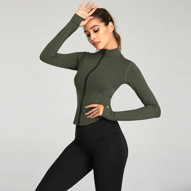 Women Full Zip-up Yoga Top Workout Running Jackets with Thumb Holes Stretchy Fitted Long Sleeve Crop Tops Activewear