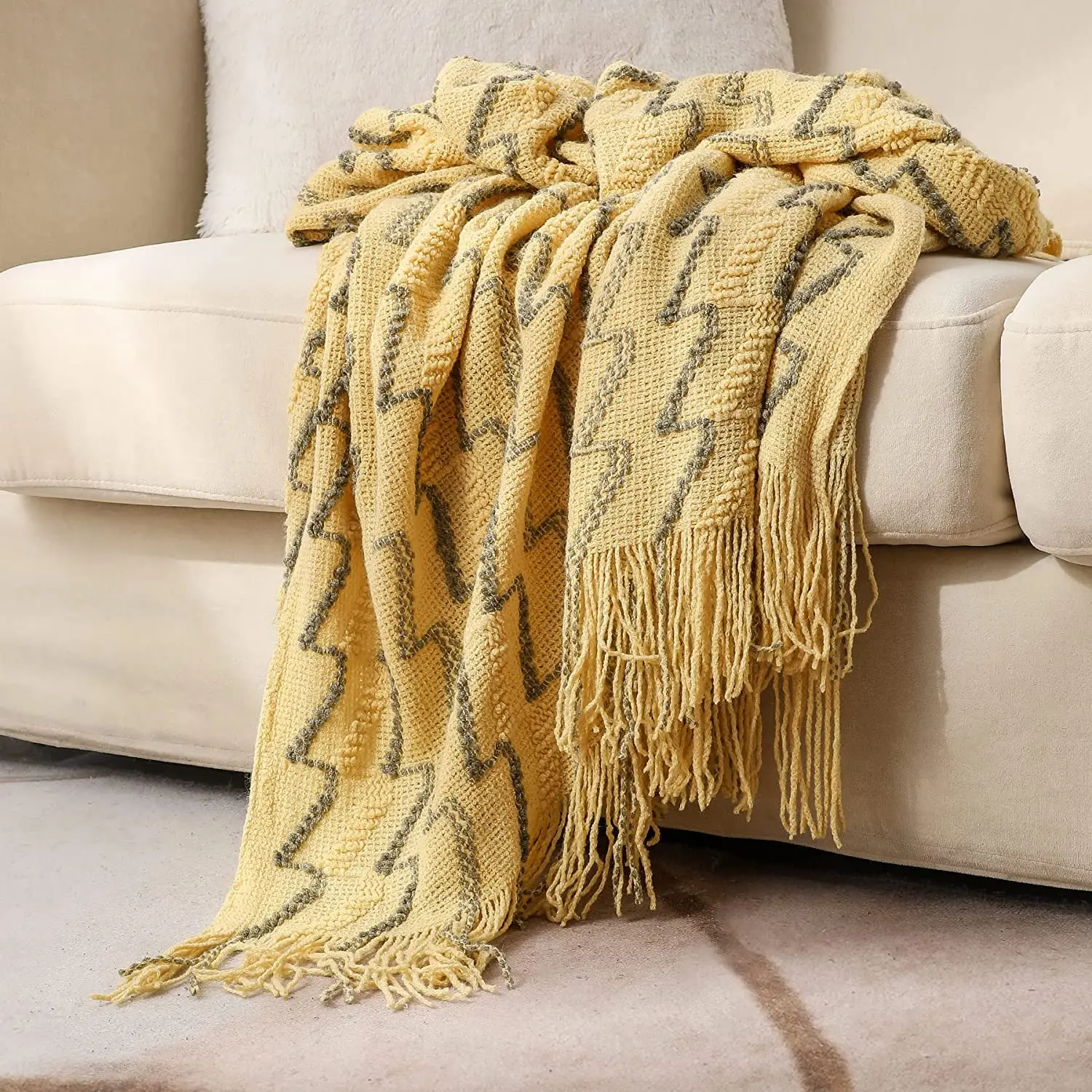 

Inyahome Nordic Style Wave Pattern Summer Spring Tassel Knitted Plaid Sofa Towel Blanket Cover Tapestry Bedspread Blankets Home