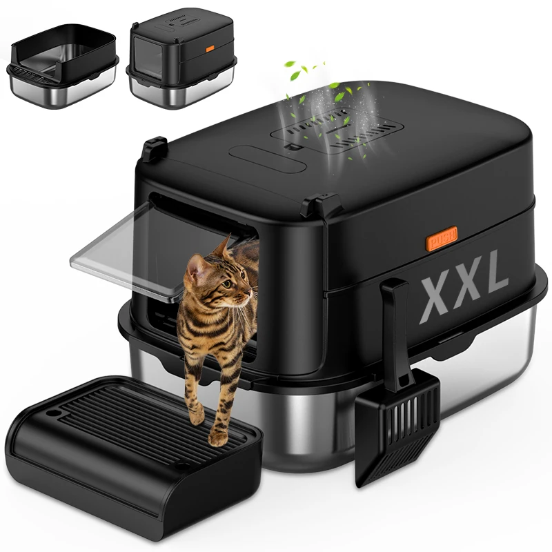 Ящик для котячого лотка з нержавіючої сталі з кришкою, закритий ящик для котячого лотка XXL, з табуретом для котів і лопаткою, передній і верхній сталевий дуже великий ящик для котячого лотка з подвійним входом, чорний