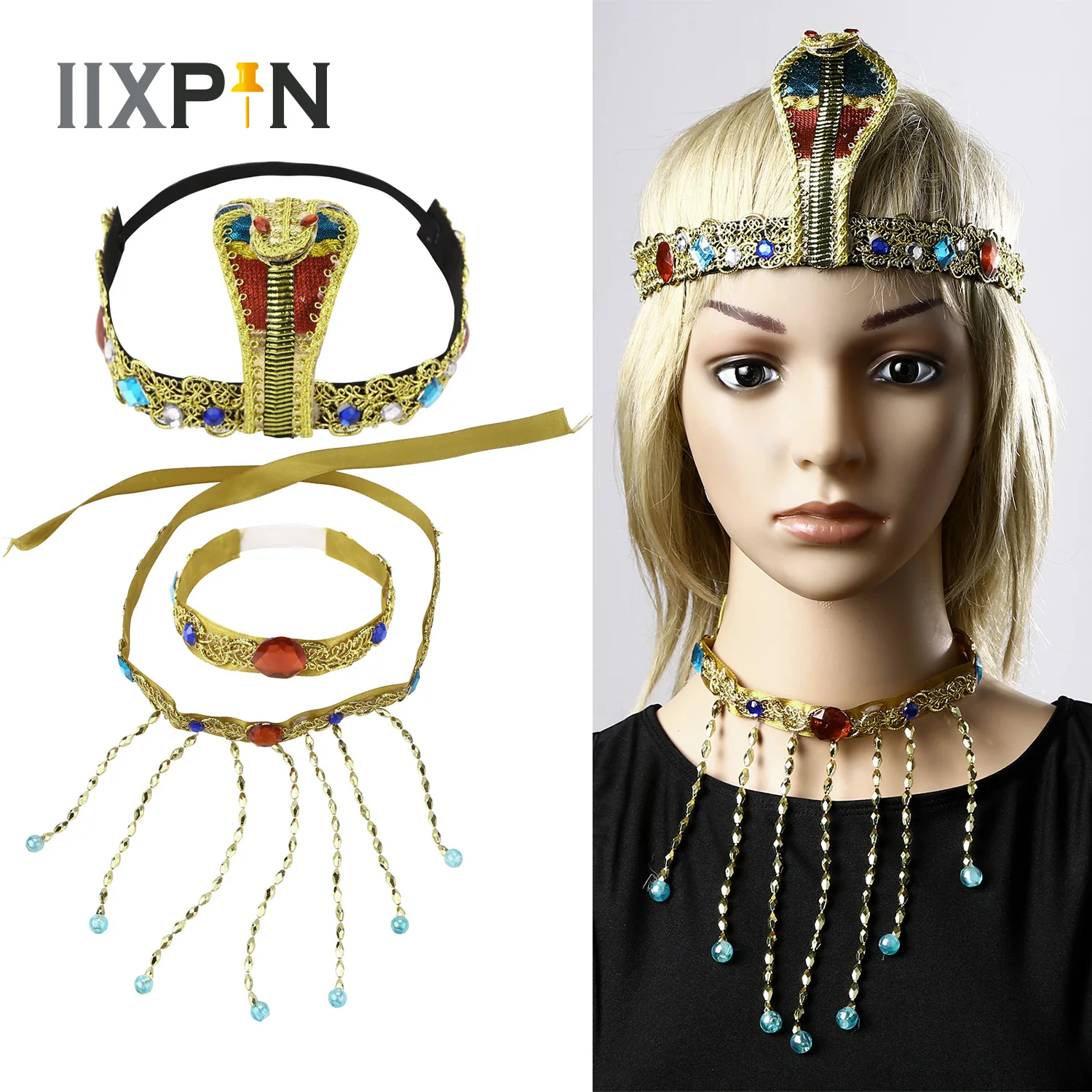 Accesorio de disfraz de Cleopatra egipcia para mujer, diadema elástica de serpiente, conjunto de collar y Diadema para mujer, vestido de graduación Faraón, 3 piezas| | -