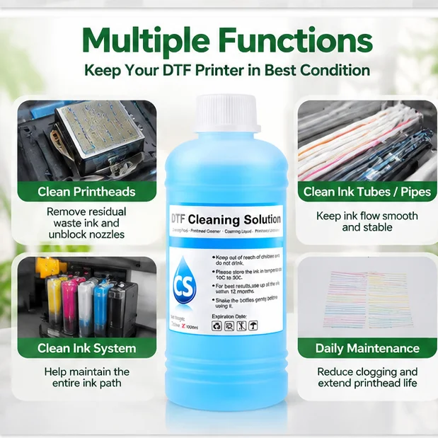 Powerful DTF Cleaning Solution Liquid for Epson DX5 DX7 L1800 L805 L800 1390 I3200 DTF ink cleaning Liquid (4 capacities Option)