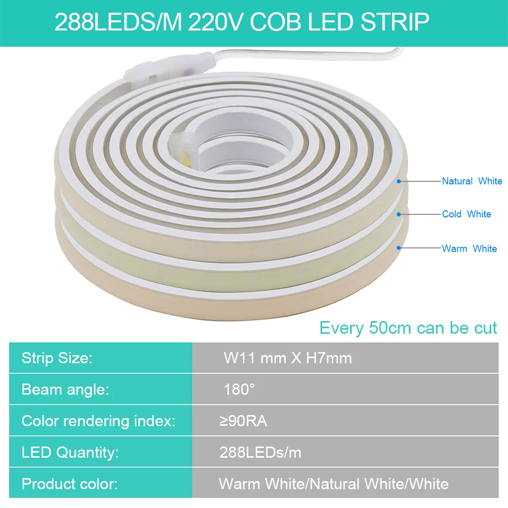 220V COB LED Strip Neon Light with Switch 288LED/m High Density Linear Lighting Waterproof Flexible Ribbon 5m 10m 20m 0.5m 1m