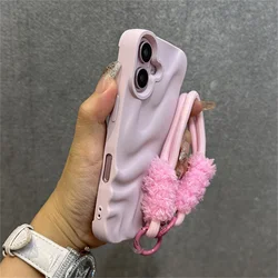 Pleated Water Ripple Soft Silicone Phone Case with Semi - Plush Bracelet Lanyard and Frosted Cover - iPhone 12 Pro (Light Pink)