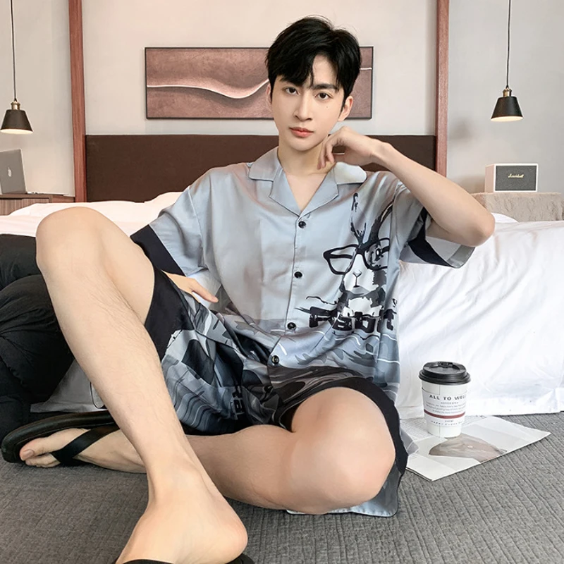 2 Pieces Set Men's Silk Pajamas Set Summer Short Sleeves O Neck Shorts Sleepwear Man Cardigan Thin Nightwear Youth Boys Pyjamas
