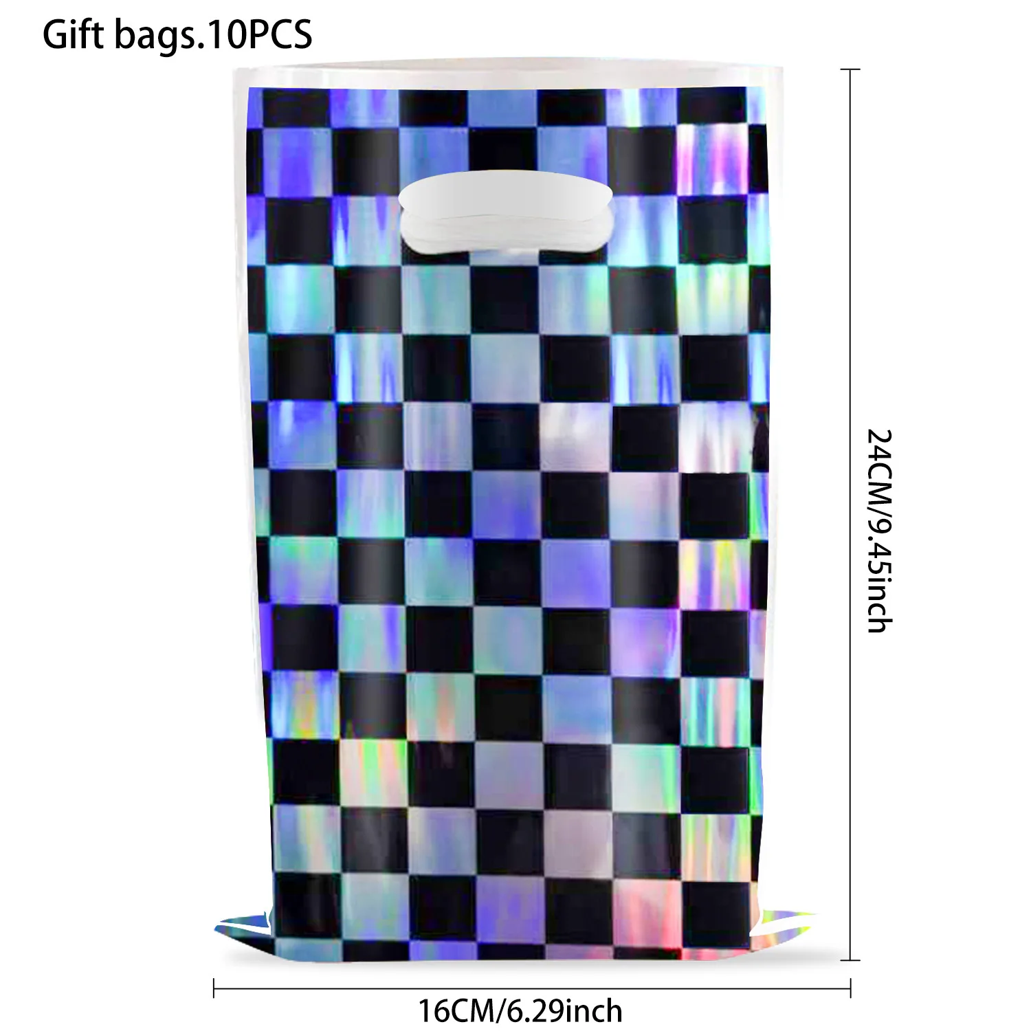 Race Car Party Favor Gift Bag Disco Shiny Iridescent Laser Candy Treat Bag Holographic Black and White Checker Goodie Loot Bag 4