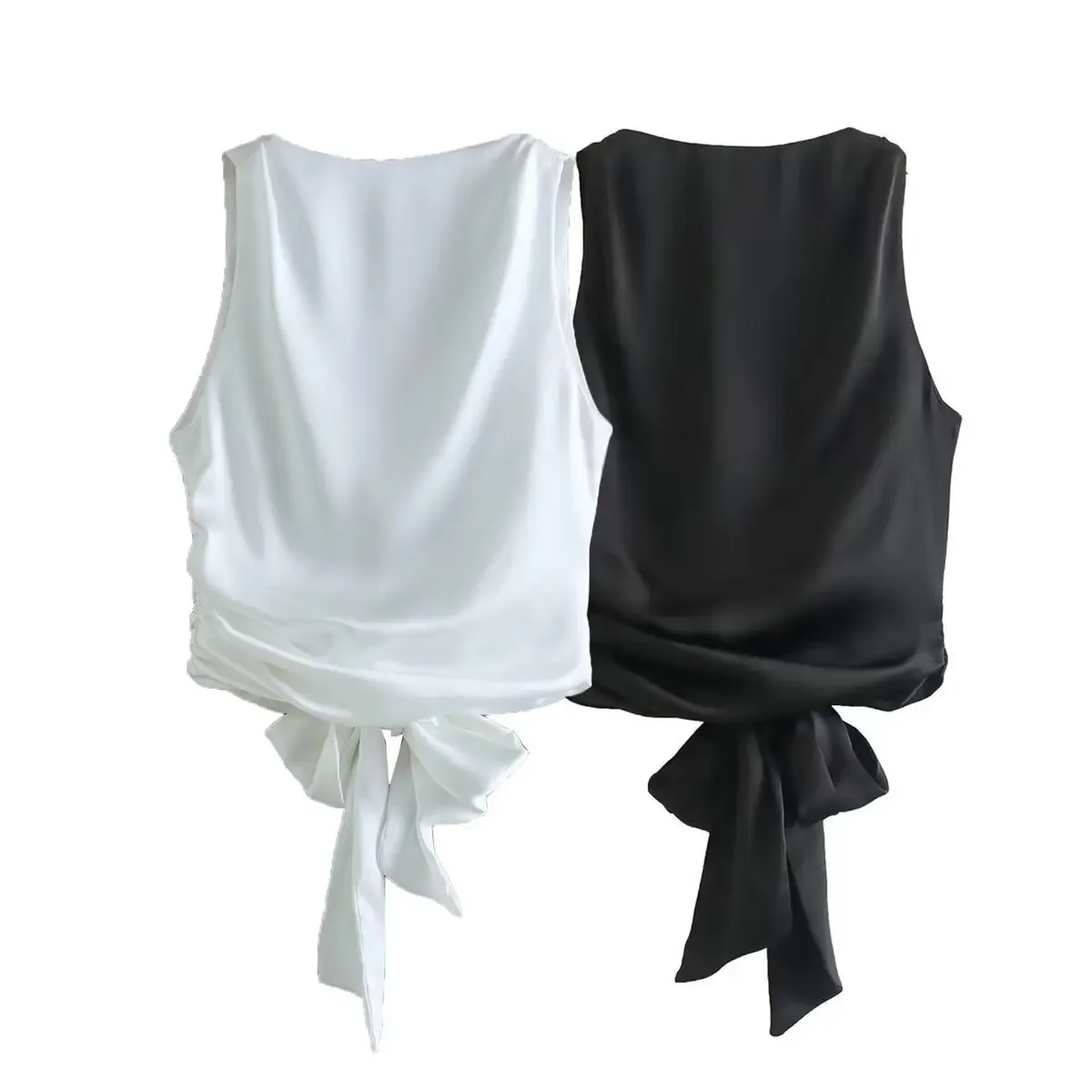 

Women's 2024 New Fashion Backless Bow Decoration Short Satin Texture Pleated Top Retro Sleeveless Women's Tank Top Chic Top