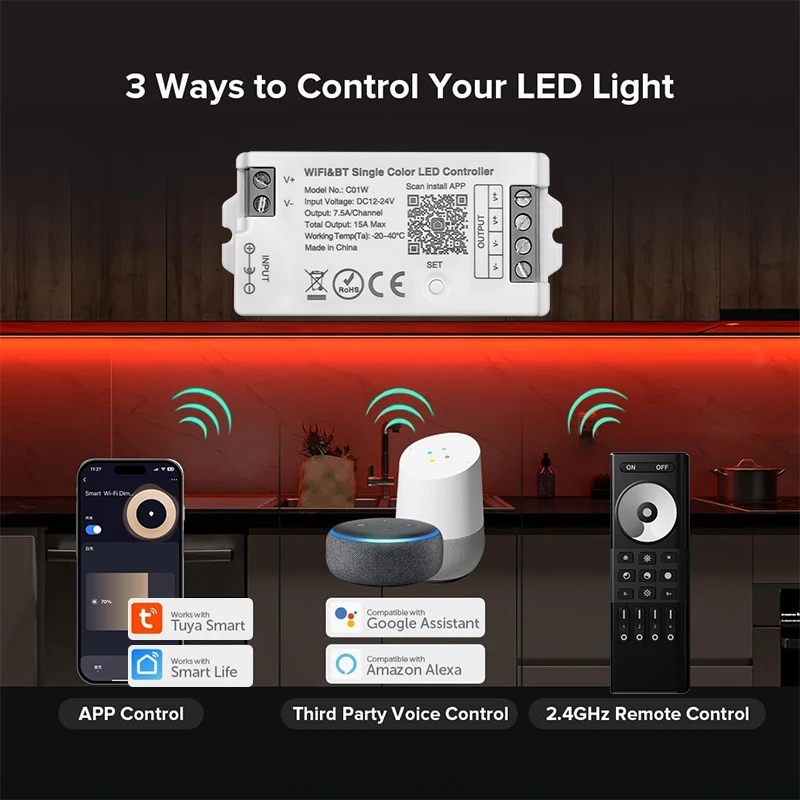 Smart Light Switch,Led Strip Controller,Led Dimmer Switch,Led Dimmer Controller,Smart Dimmer Switch,Lamp Dimmer,Led Strip Switch,Led String Dimmer,Power Cords Dimmer Switch C01W C02W RF Tuya Led Controller Wifi LED Light Dimmer Lighting Controller DC12V 24V