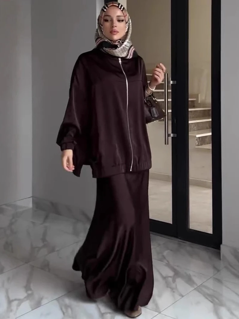 Robe musulmane Satin 2 pièces ensemble femmes fête Abaya Musulman