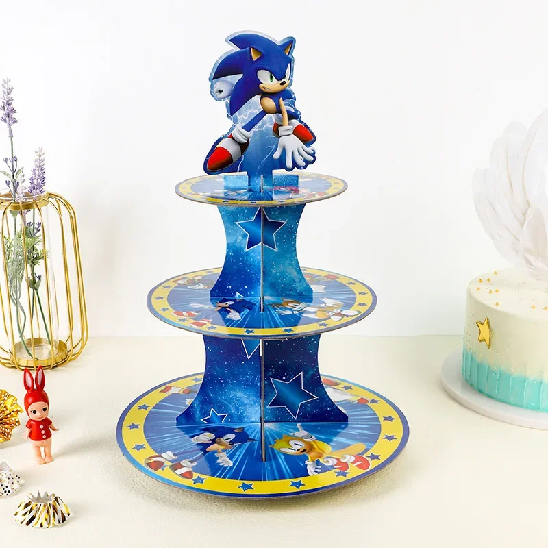 thumbnail image 1 of Soporte para tarta de Sonic The Hedgehog, decoración para fiestas, soporte para tarta de Sonic desechable de tres capas, respetuoso con el medio ambiente, 1 of 5