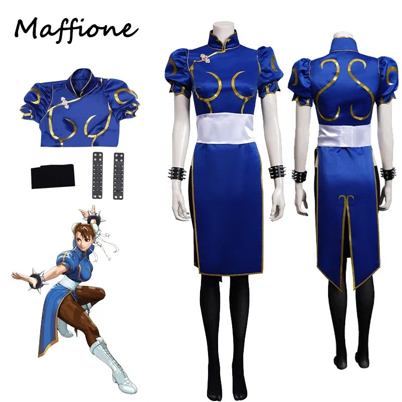 

Chun Li Cosplay Dress Costume Game SF Role Play Blue Skirts Outfit Women Full Set Female Halloween Party Disguise Suit For Lady