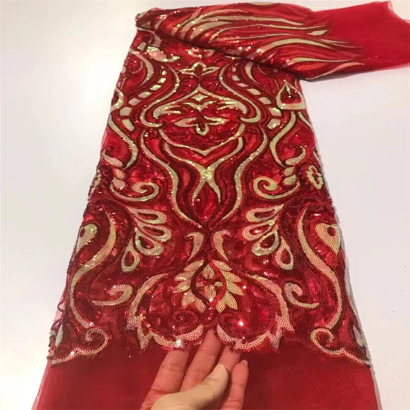 

Beautiful Red/Gold Lace Applique Flower High-quality Nigerian Lace Fabric With sequins Sell Well Hight Quality Lace Trim Dress