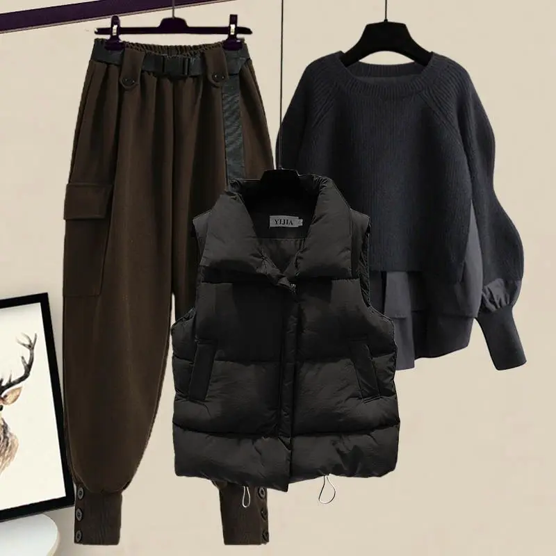 Oversized Women's Autumn and Winter Set 2023 New Style Wear Style Vest Shirt Slim Casual Pants Three Piece Set