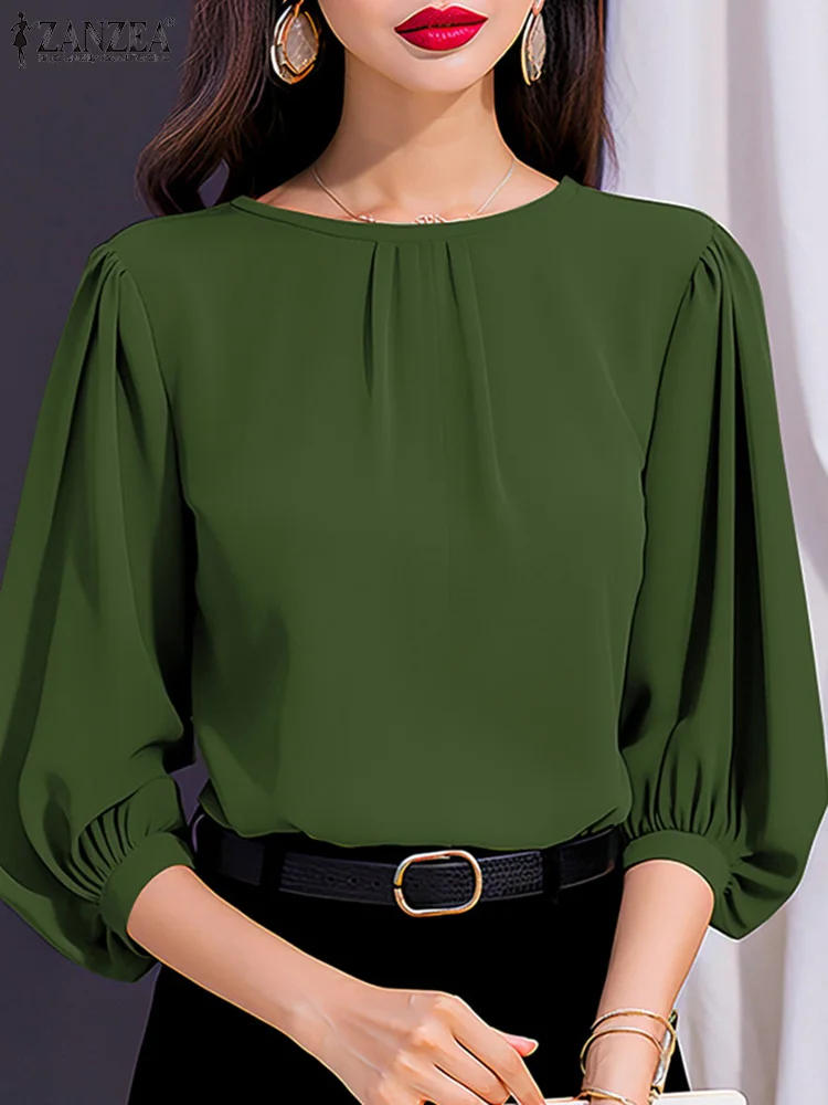 

ZANZEA Casual O Neck Blouses Women Work Wear Elegant Stylish Tops Summer Pleated Solid Color Lantern Sleeve Blusas OL Shirts