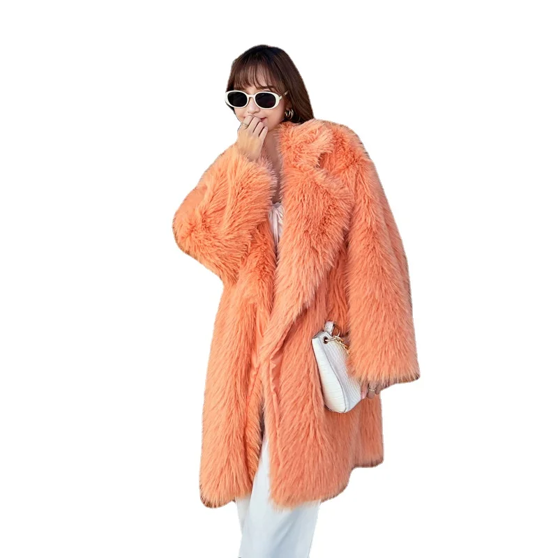 

Furry Splicing Fox Fur Coat.Imitation Tuscan Long Clothing Winter Women Topeka Lapels European and American