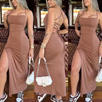 Women Sleeveless Spaghetti Strap Solid Color Elegant Club Party Robes Sexy Cross Bandage Backless Bodycon Long Dress 2