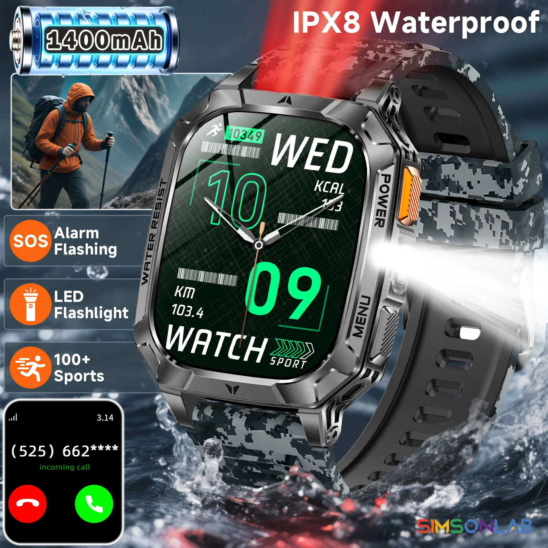 2026 New Exercise 1400mAh Battery Smart Watch Tracking 10ATM Waterproof Sports Tracker Outdoor Military blood oxygen detection 1