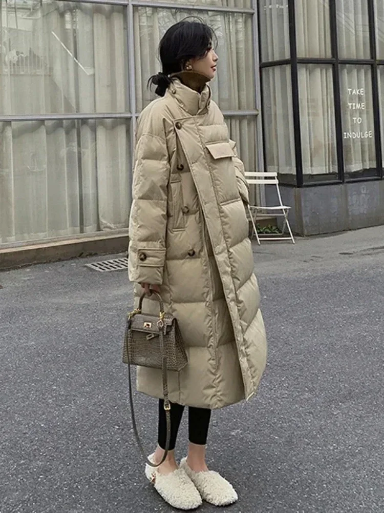 

Ветрозащитное пальто с воротником-стойкой, зимняя женская длинная парка на пуговицах с большими карманами, утепленная хлопковая куртка в Корейском стиле