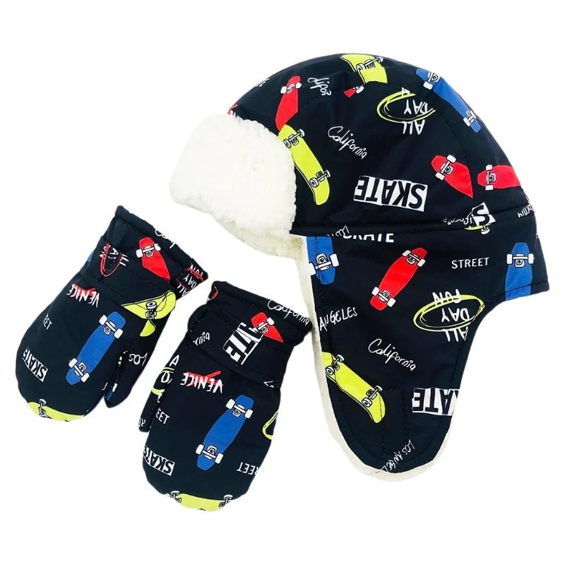 

Toddler Kids Winter Warm 2 Pieces Trapper Hat and Mitten Set Waterproof Cartoon Animal Print Plush Lined Earflap Beanie Cap Ski