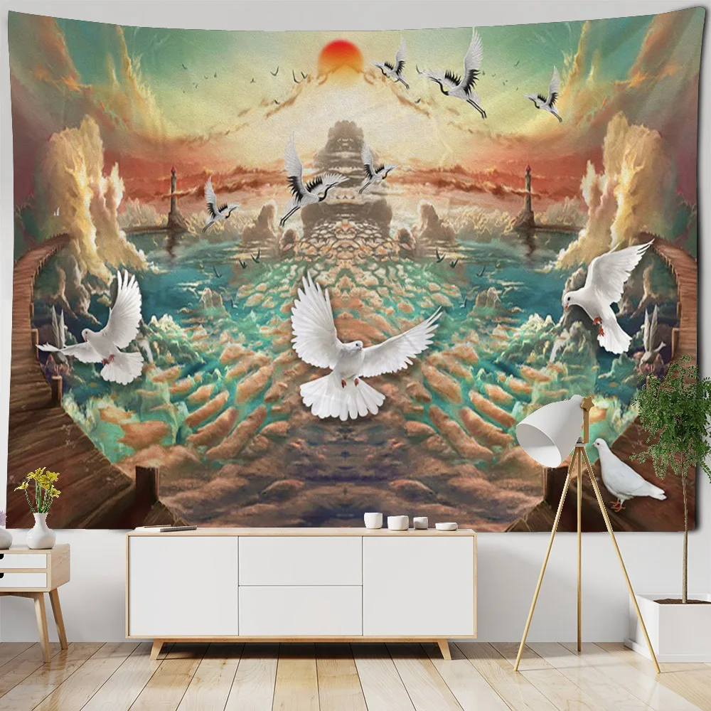 European style sea view oil painting tapestry retro art print wall hanging cloth dreamy hippie bedroom study wall decoration