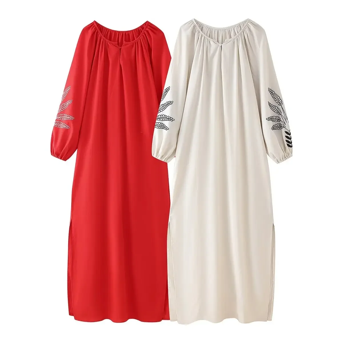 

Women's New Fashion Embroidered Decoration Loose Cotton Line Blended Split Midi Dress Retro Long sleeved Women's Dress Mujer