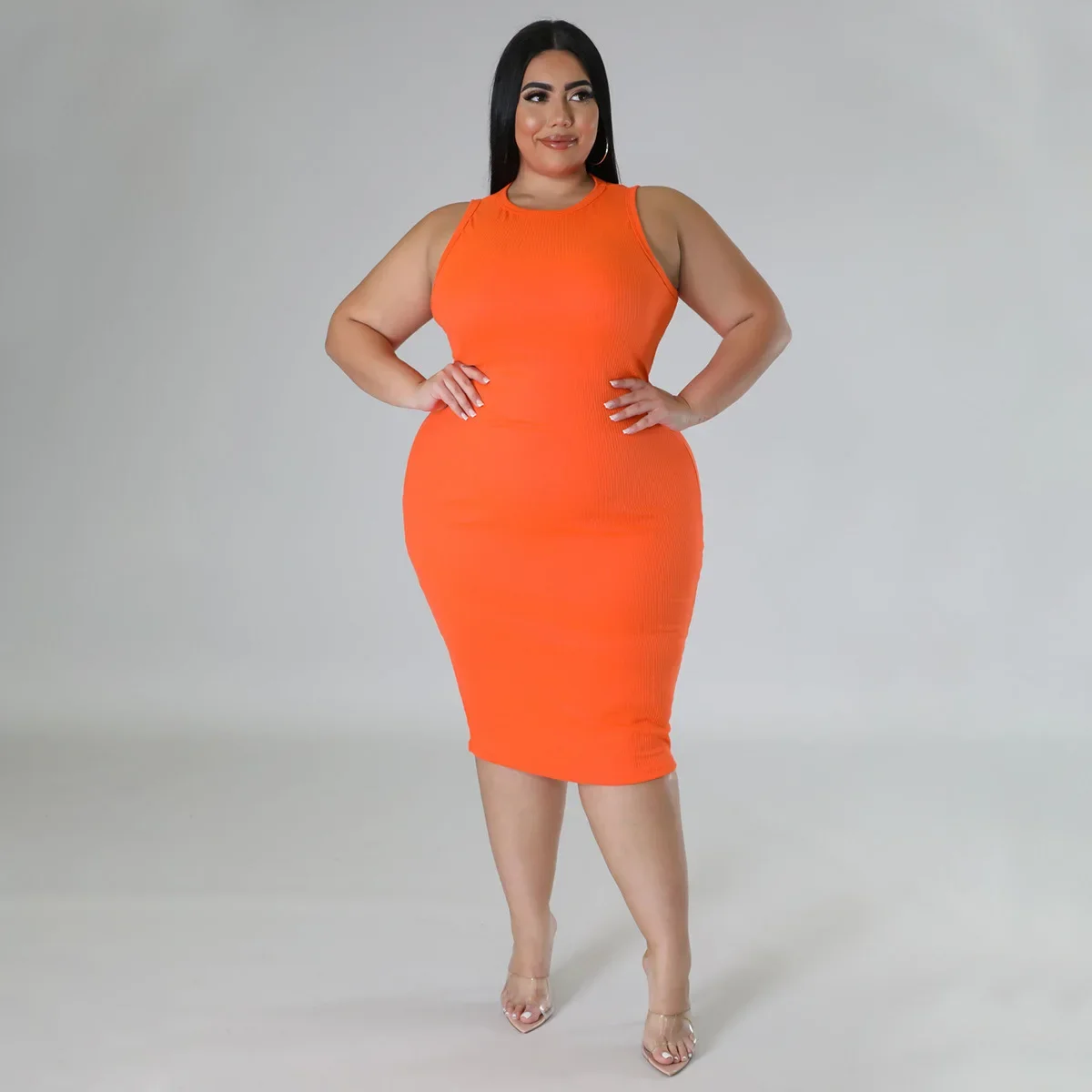 

KEXU Soild Plus Size Women Sleeveless Bodycon Skinny Tank Dresses for 2024 Summer Basic Fashion Elegant Streetwear Dress