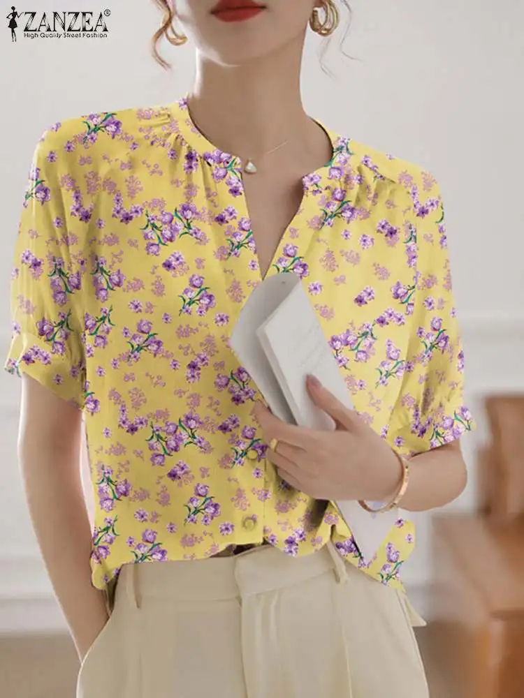 

ZANZEA Fashion V-neck Tunic Women Floral Printed Blouse 2023 Summer Short Sleeve Tops Casual Loose Holiday Korean Style Shirt