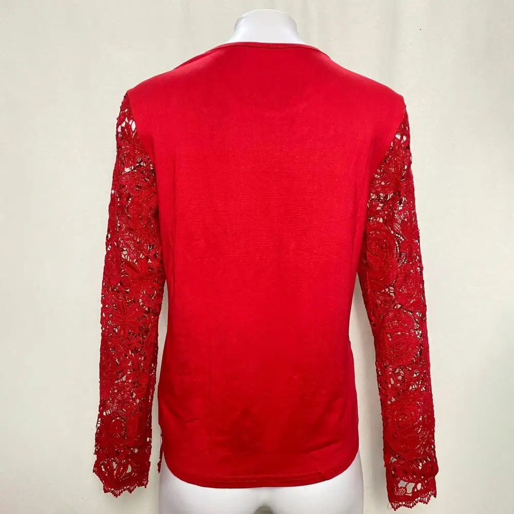 

Женские однотонные топы, стильные женские кружевные топы с длинным рукавом, блузка с круглым вырезом, пуловер с вышивкой и вырезами, Повседневная Уличная одежда